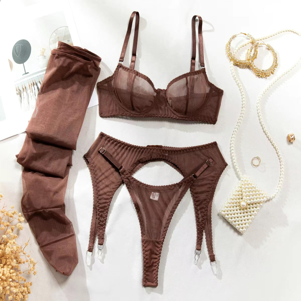 Sheer Mesh Underwire Lingerie 4-Piece Set, Sexy Cutout Garter Belt Stockings Intimate Outfit