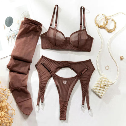 Sheer Mesh Underwire Lingerie 4-Piece Set, Sexy Cutout Garter Belt Stockings Intimate Outfit
