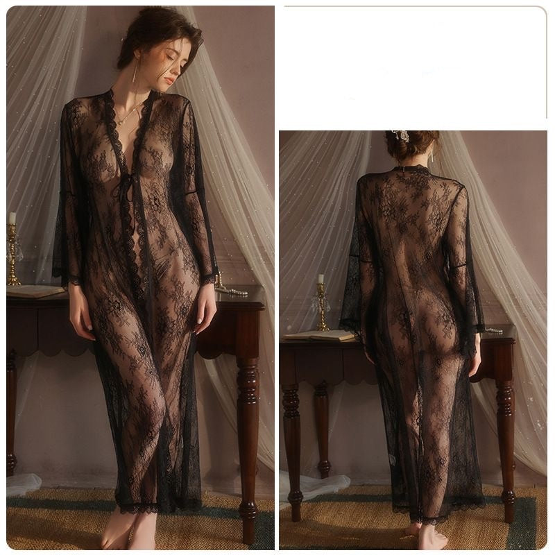 【#A403】Sheer Floral Lace Long Robe, French V-Neck Tie Bell Sleeve Loungewear Cover Up