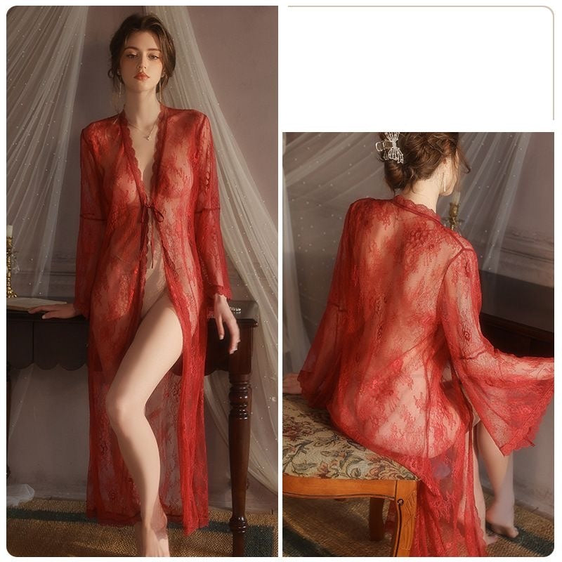 【#A403】Sheer Floral Lace Long Robe, French V-Neck Tie Bell Sleeve Loungewear Cover Up