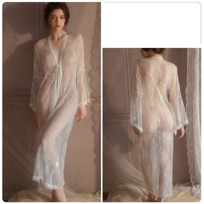 【#A403】Sheer Floral Lace Long Robe, French V-Neck Tie Bell Sleeve Loungewear Cover Up