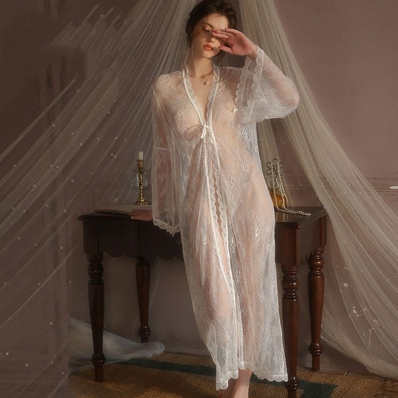 【#A403】Sheer Floral Lace Long Robe, French V-Neck Tie Bell Sleeve Loungewear Cover Up