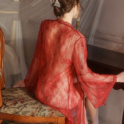 【#A403】Sheer Floral Lace Long Robe, French V-Neck Tie Bell Sleeve Loungewear Cover Up