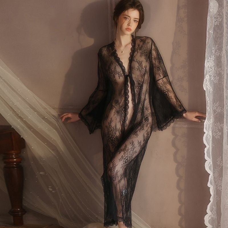 【#A403】Sheer Floral Lace Long Robe, French V-Neck Tie Bell Sleeve Loungewear Cover Up