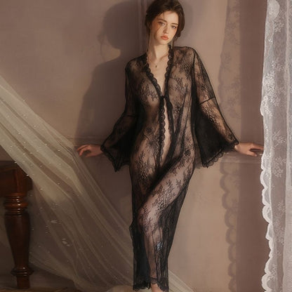 【#A403】Sheer Floral Lace Long Robe, French V-Neck Tie Bell Sleeve Loungewear Cover Up