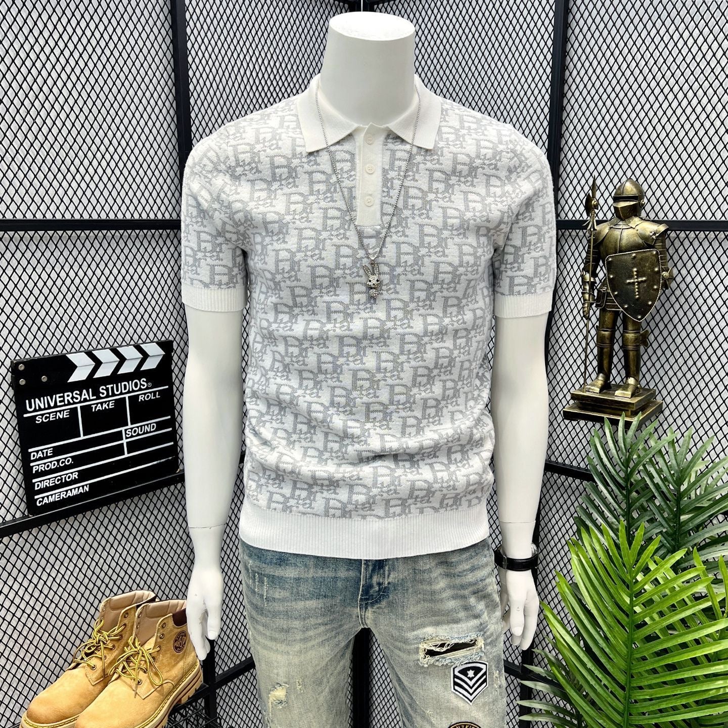 【#A405】Men All Over Jacquard Knit Short Sleeve Polo Shirt, Slim Lapel Breathable Casual Top