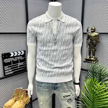 【#A405】Men All Over Jacquard Knit Short Sleeve Polo Shirt, Slim Lapel Breathable Casual Top