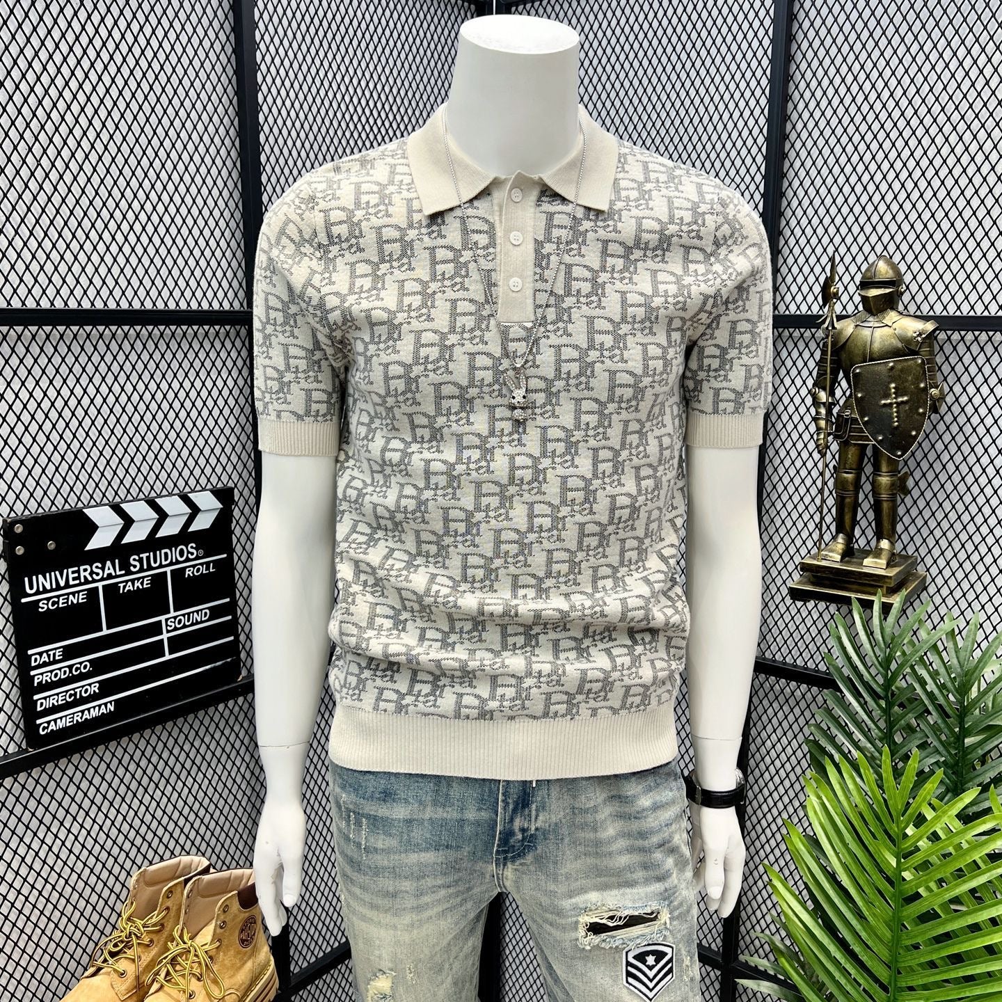 【#A405】Men All Over Jacquard Knit Short Sleeve Polo Shirt, Slim Lapel Breathable Casual Top
