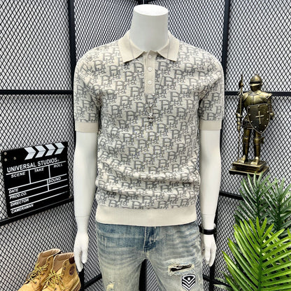 【#A405】Men All Over Jacquard Knit Short Sleeve Polo Shirt, Slim Lapel Breathable Casual Top