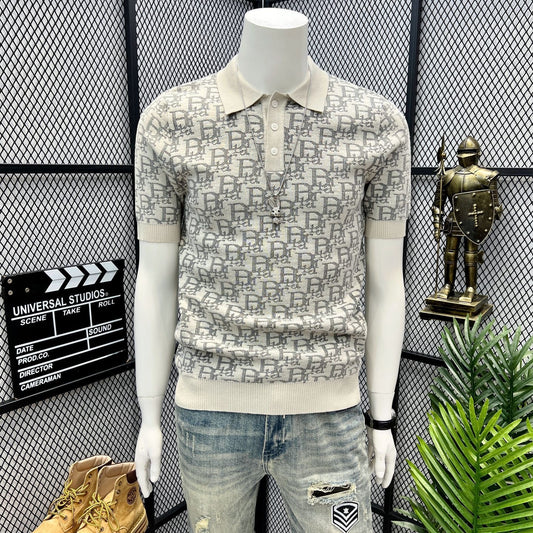 【#A405】Men All Over Jacquard Knit Short Sleeve Polo Shirt, Slim Lapel Breathable Casual Top