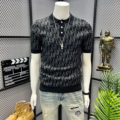 【#A405】Men All Over Jacquard Knit Short Sleeve Polo Shirt, Slim Lapel Breathable Casual Top