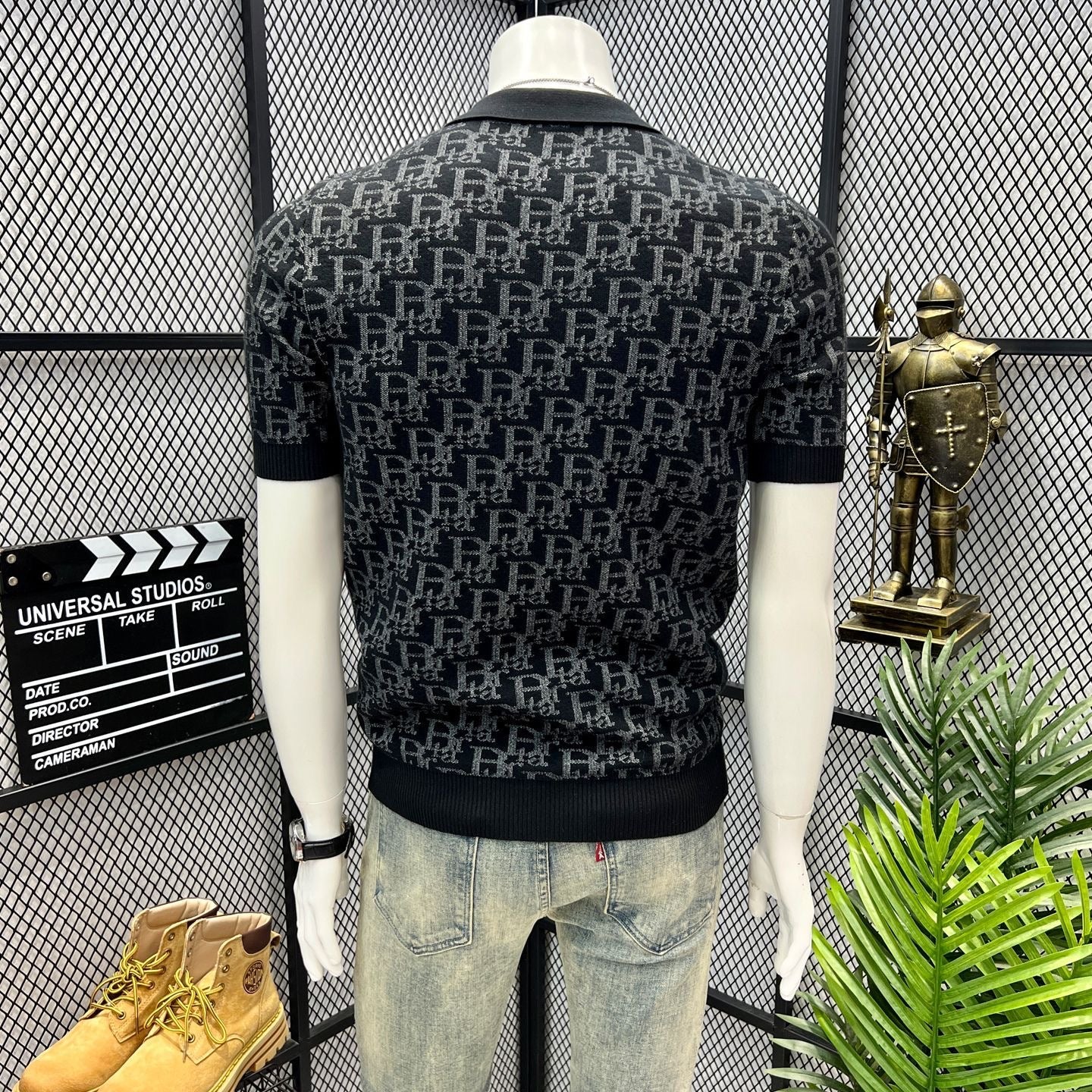 【#A405】Men All Over Jacquard Knit Short Sleeve Polo Shirt, Slim Lapel Breathable Casual Top