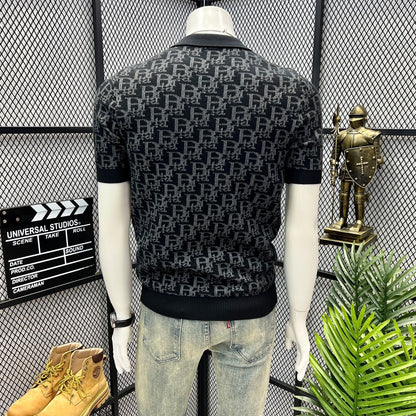 【#A405】Men All Over Jacquard Knit Short Sleeve Polo Shirt, Slim Lapel Breathable Casual Top