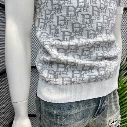 【#A405】Men All Over Jacquard Knit Short Sleeve Polo Shirt, Slim Lapel Breathable Casual Top