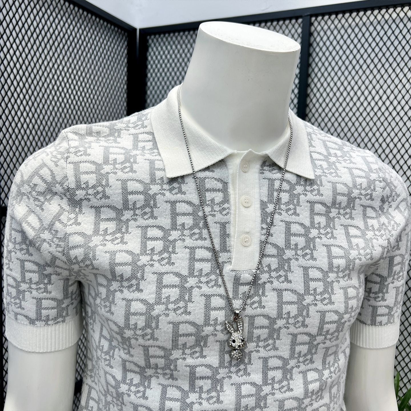 【#A405】Men All Over Jacquard Knit Short Sleeve Polo Shirt, Slim Lapel Breathable Casual Top