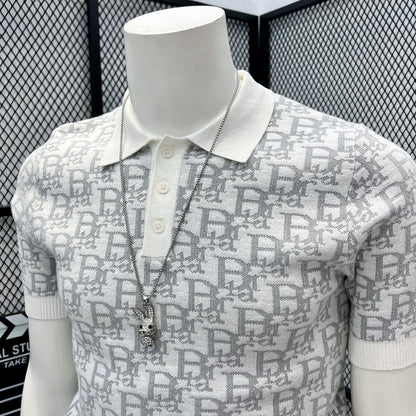 【#A405】Men All Over Jacquard Knit Short Sleeve Polo Shirt, Slim Lapel Breathable Casual Top