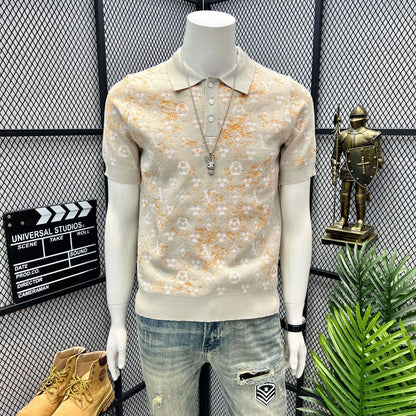【#A406】Men Gradient Gold Powder Jacquard Knit Polo Short Sleeve, Slim Lapel Breathable Ice Silk Casual Top