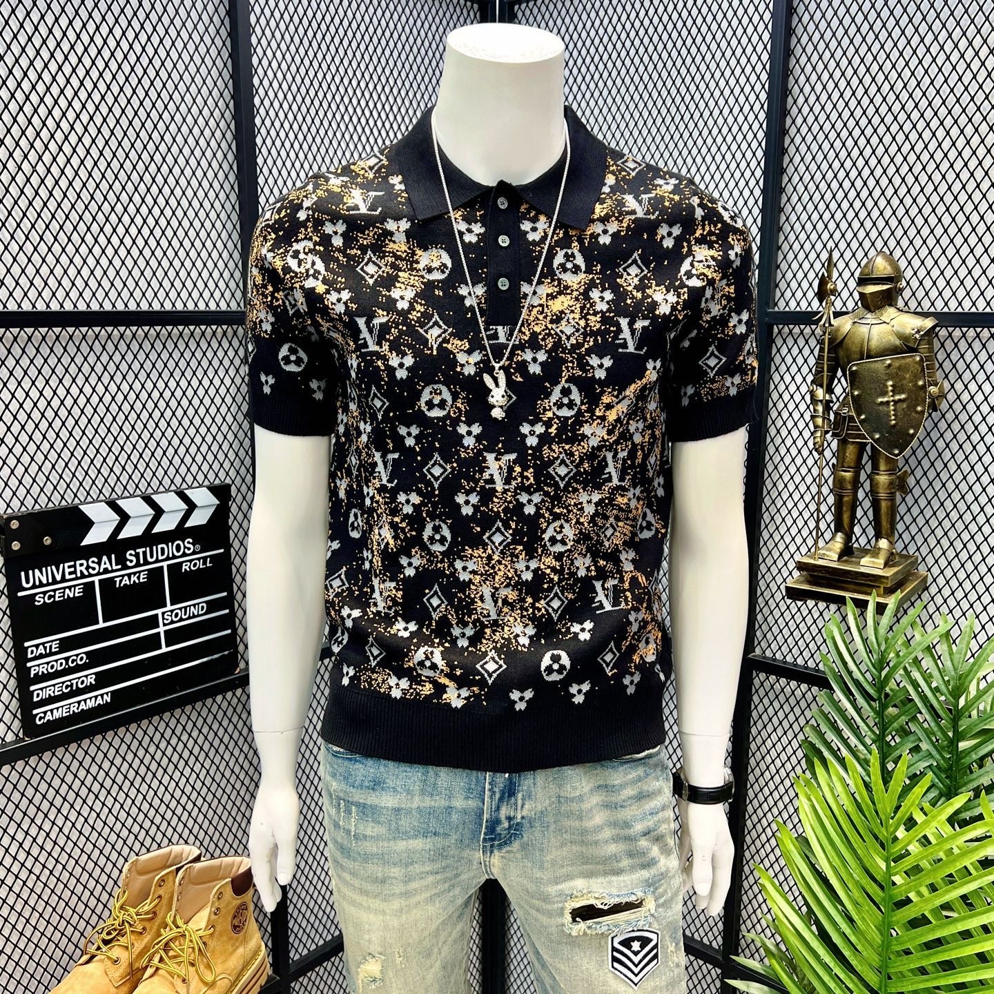 【#A406】Men Gradient Gold Powder Jacquard Knit Polo Short Sleeve, Slim Lapel Breathable Ice Silk Casual Top