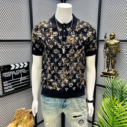 【#A406】Men Gradient Gold Powder Jacquard Knit Polo Short Sleeve, Slim Lapel Breathable Ice Silk Casual Top