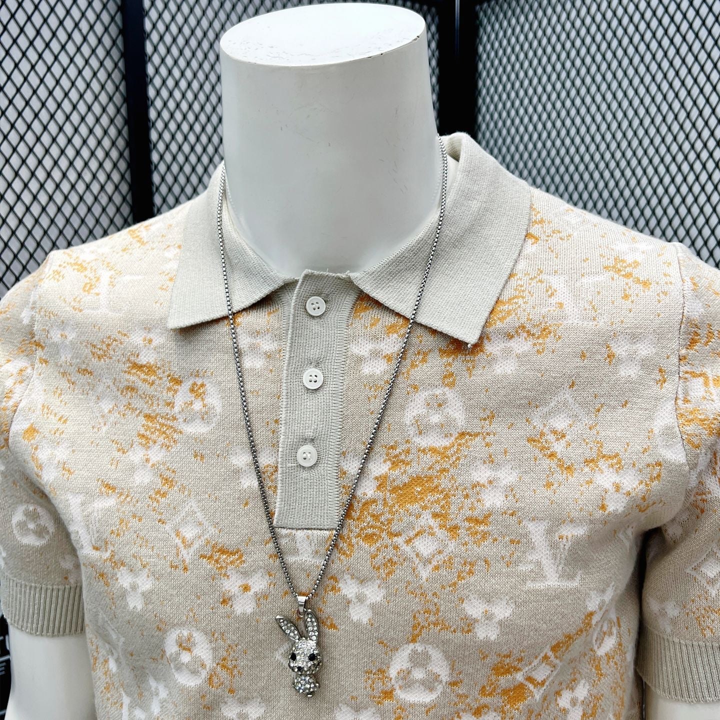 【#A406】Men Gradient Gold Powder Jacquard Knit Polo Short Sleeve, Slim Lapel Breathable Ice Silk Casual Top