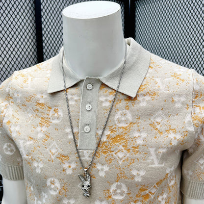 【#A406】Men Gradient Gold Powder Jacquard Knit Polo Short Sleeve, Slim Lapel Breathable Ice Silk Casual Top