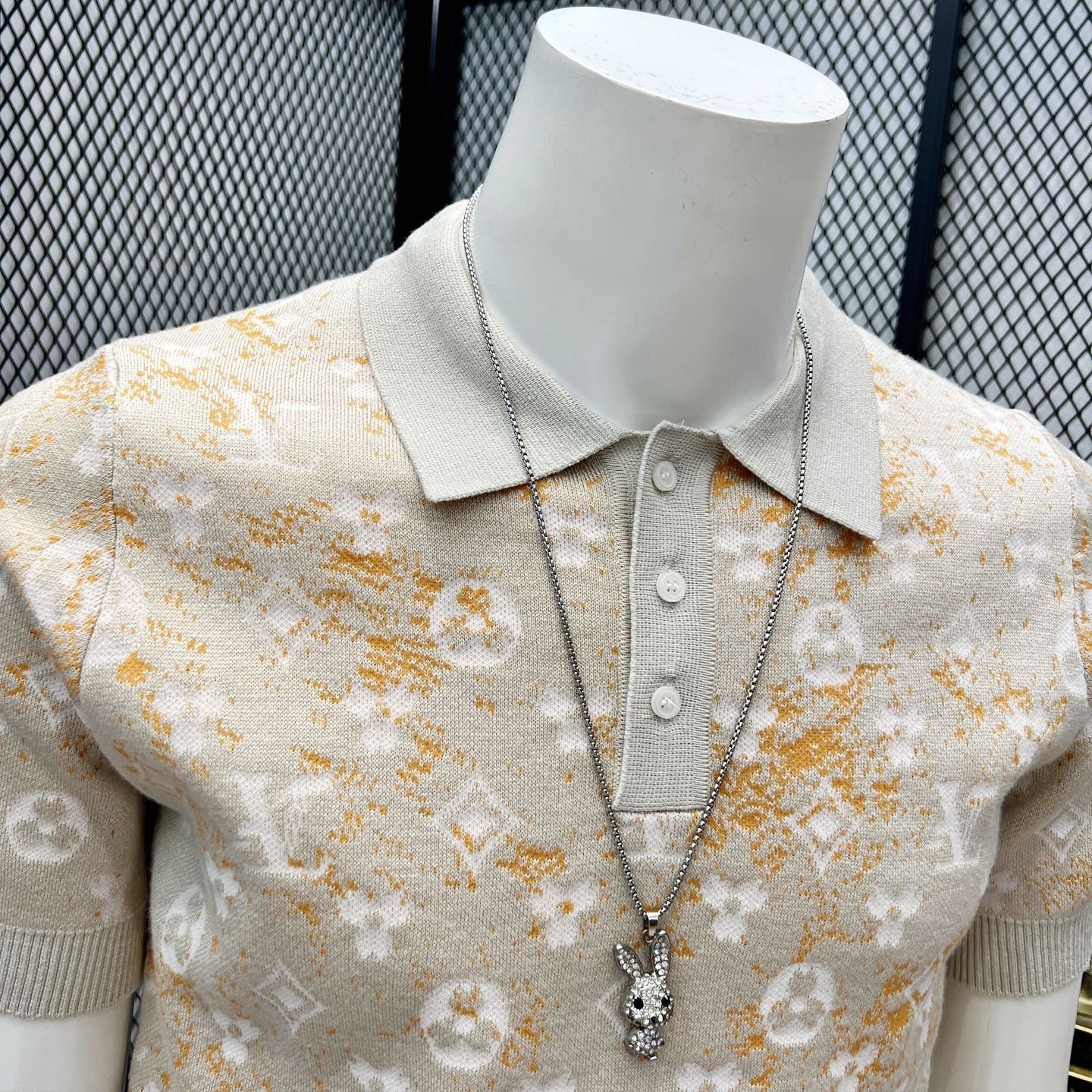 【#A406】Men Gradient Gold Powder Jacquard Knit Polo Short Sleeve, Slim Lapel Breathable Ice Silk Casual Top