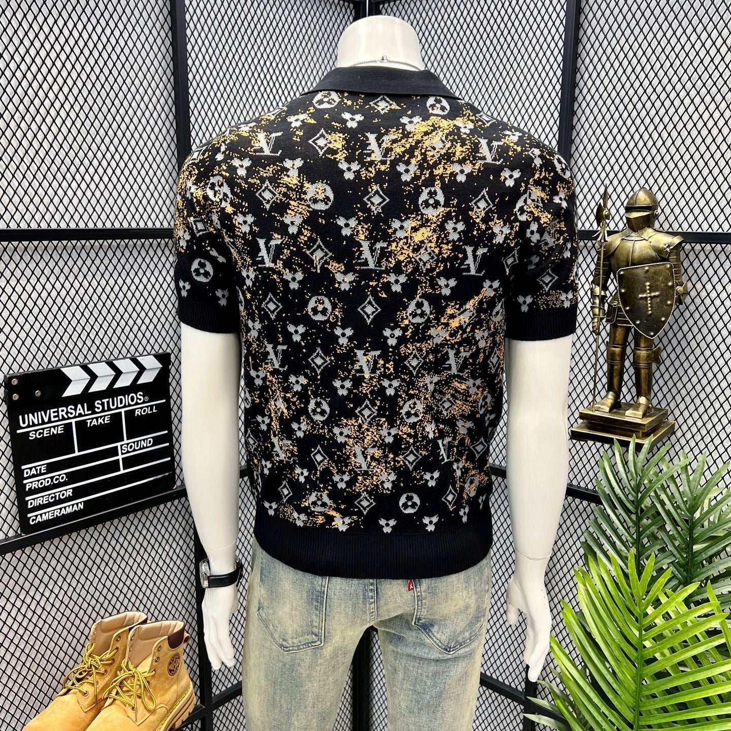 【#A406】Men Gradient Gold Powder Jacquard Knit Polo Short Sleeve, Slim Lapel Breathable Ice Silk Casual Top