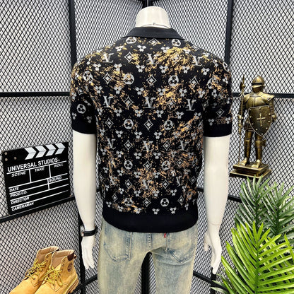 【#A406】Men Gradient Gold Powder Jacquard Knit Polo Short Sleeve, Slim Lapel Breathable Ice Silk Casual Top