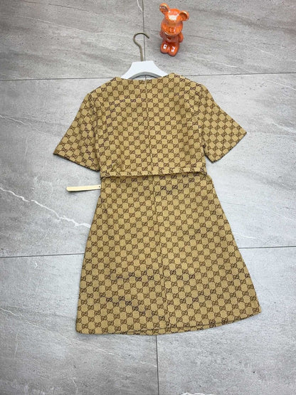 【#A407】Vintage All Over Monogram Round Neck Mini Dress With Metal Buckle Belt, Waist Defining Office Short Dress