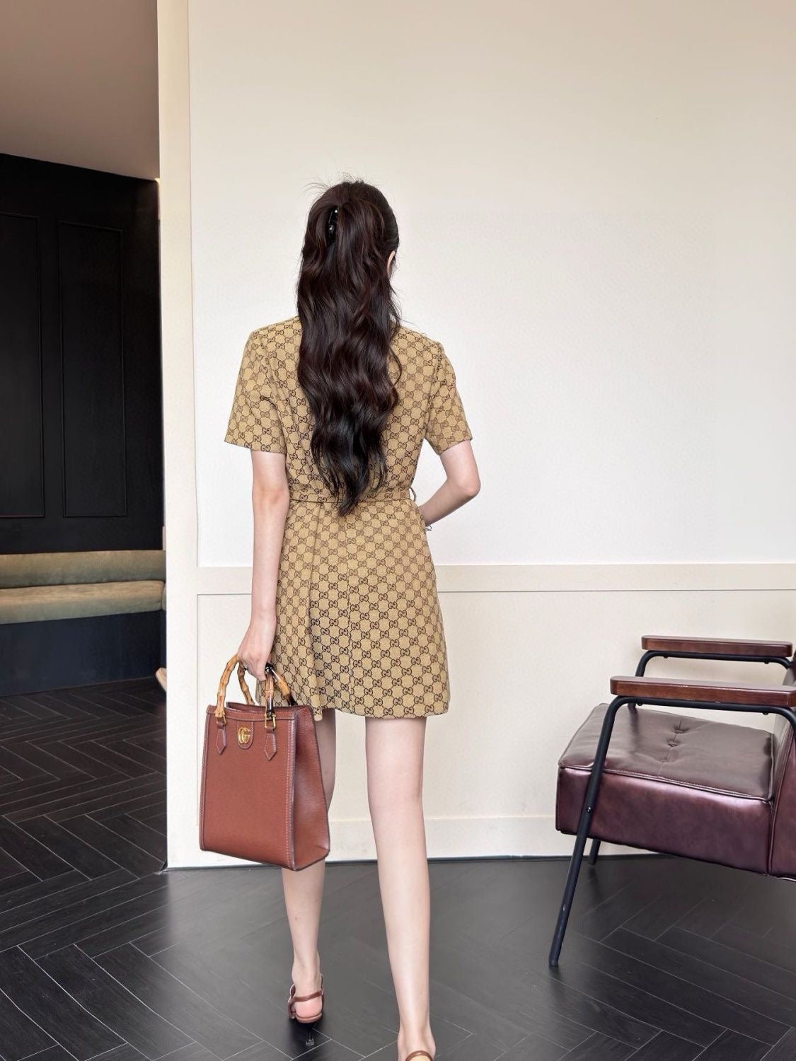 【#A407】Vintage All Over Monogram Round Neck Mini Dress With Metal Buckle Belt, Waist Defining Office Short Dress