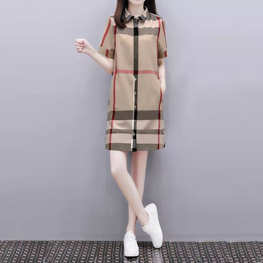 【#A408】Vintage Color Block Plaid Short Sleeve Shirt Dress, Loose Straight Lapel Casual Midi Tunic Dress