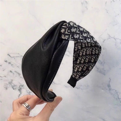【#A409】Vintage All Over Jacquard Twist Wide Headband, Luxury Spliced Leather Hair Accessory For Washing Face