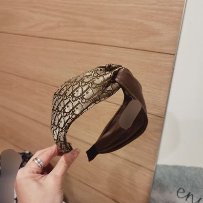 【#A409】Vintage All Over Jacquard Twist Wide Headband, Luxury Spliced Leather Hair Accessory For Washing Face