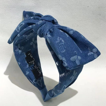 【#A411】Vintage Denim Floral Jacquard Bow Headband, Washed Blue Wide Hair Accessory