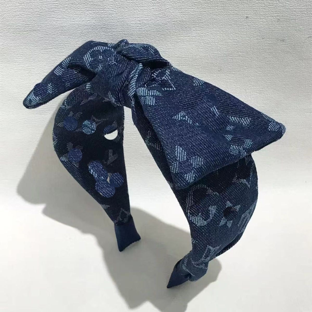 【#A411】Vintage Denim Floral Jacquard Bow Headband, Washed Blue Wide Hair Accessory