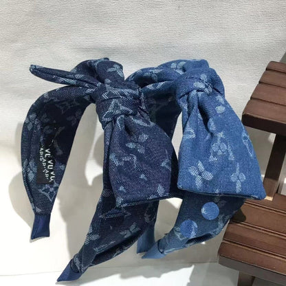 【#A411】Vintage Denim Floral Jacquard Bow Headband, Washed Blue Wide Hair Accessory