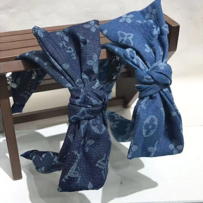 【#A411】Vintage Denim Floral Jacquard Bow Headband, Washed Blue Wide Hair Accessory