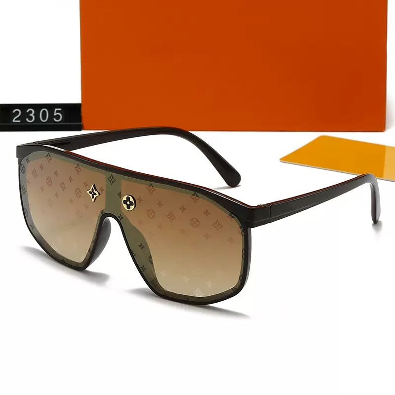 【#A414】One-piece Oversized Pilot Sunglasses, Retro Floral Metal Logo UV Protection Shades