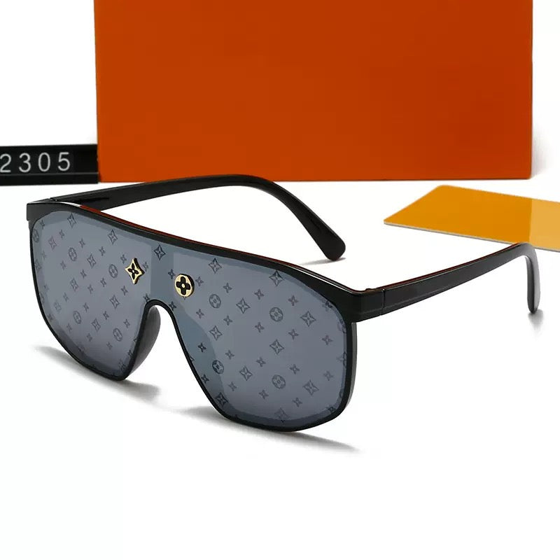 【#A414】One-piece Oversized Pilot Sunglasses, Retro Floral Metal Logo UV Protection Shades