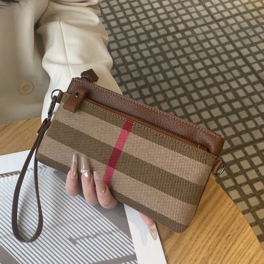 【#A416】Vintage Color Stripe Double Zipper Wristlet, Multi-function Phone & Card Wallet