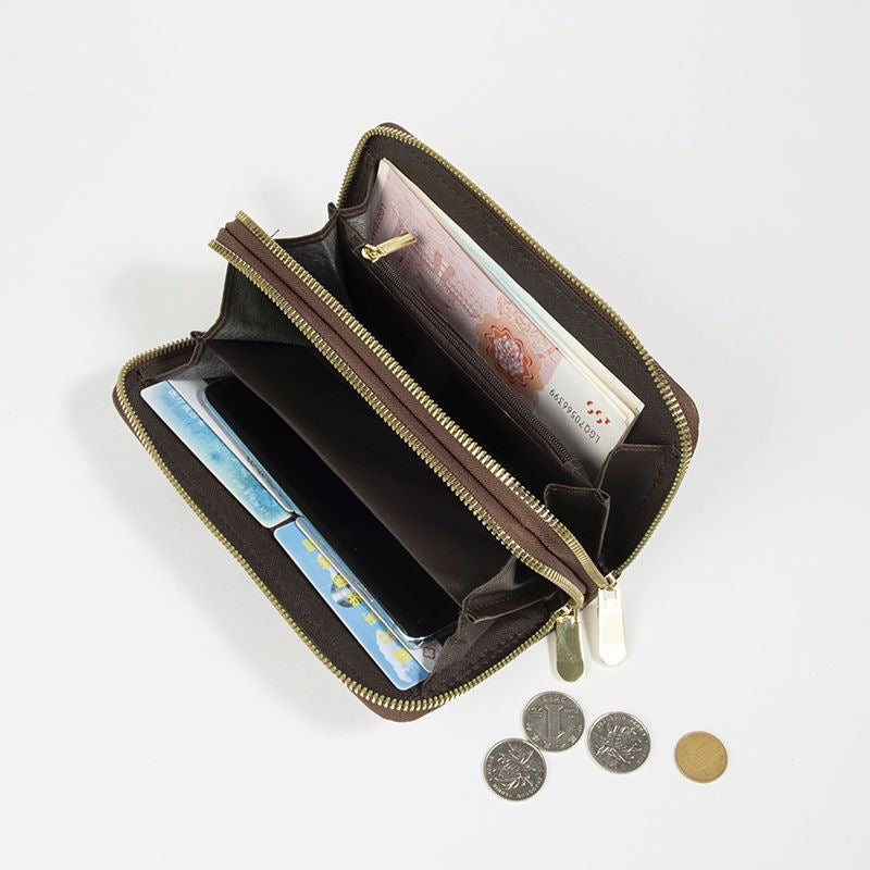 【#A417】Vintage Floral Four-Leaf Print Double Zipper Long Wallet, Large Capacity Phone Wrist Purse