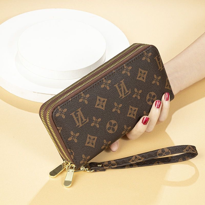 【#A417】Vintage Floral Four-Leaf Print Double Zipper Long Wallet, Large Capacity Phone Wrist Purse