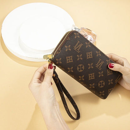 【#A417】Vintage Floral Four-Leaf Print Double Zipper Long Wallet, Large Capacity Phone Wrist Purse