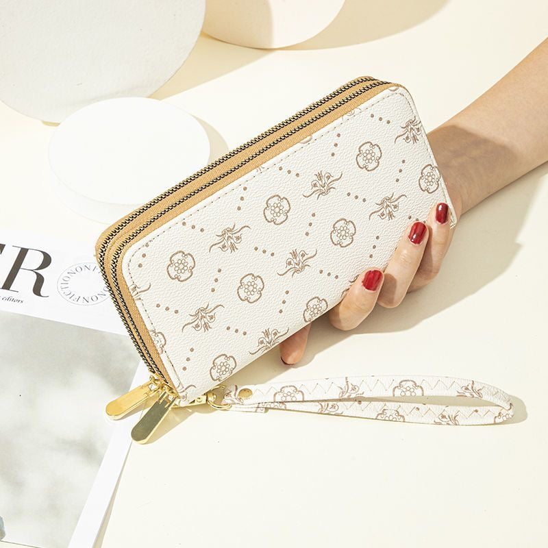 【#A417】Vintage Floral Four-Leaf Print Double Zipper Long Wallet, Large Capacity Phone Wrist Purse