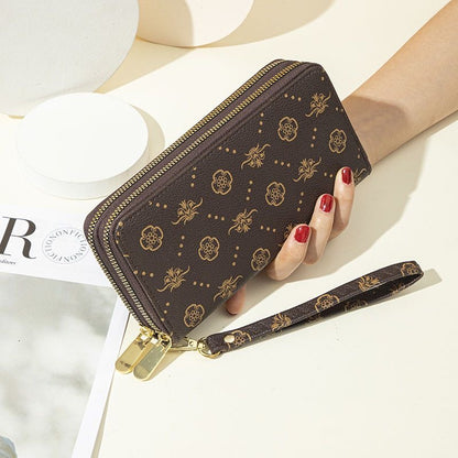 【#A417】Vintage Floral Four-Leaf Print Double Zipper Long Wallet, Large Capacity Phone Wrist Purse
