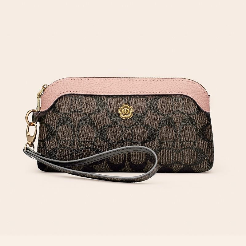 【#A418】Vintage Letter Print Pink Trim Wrist Purse, Camellia Hardware Convertible Crossbody Mini Bag