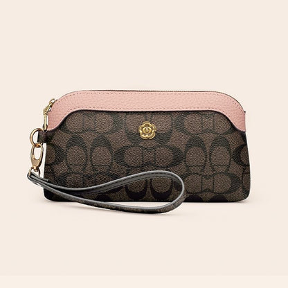 【#A418】Vintage Letter Print Pink Trim Wrist Purse, Camellia Hardware Convertible Crossbody Mini Bag