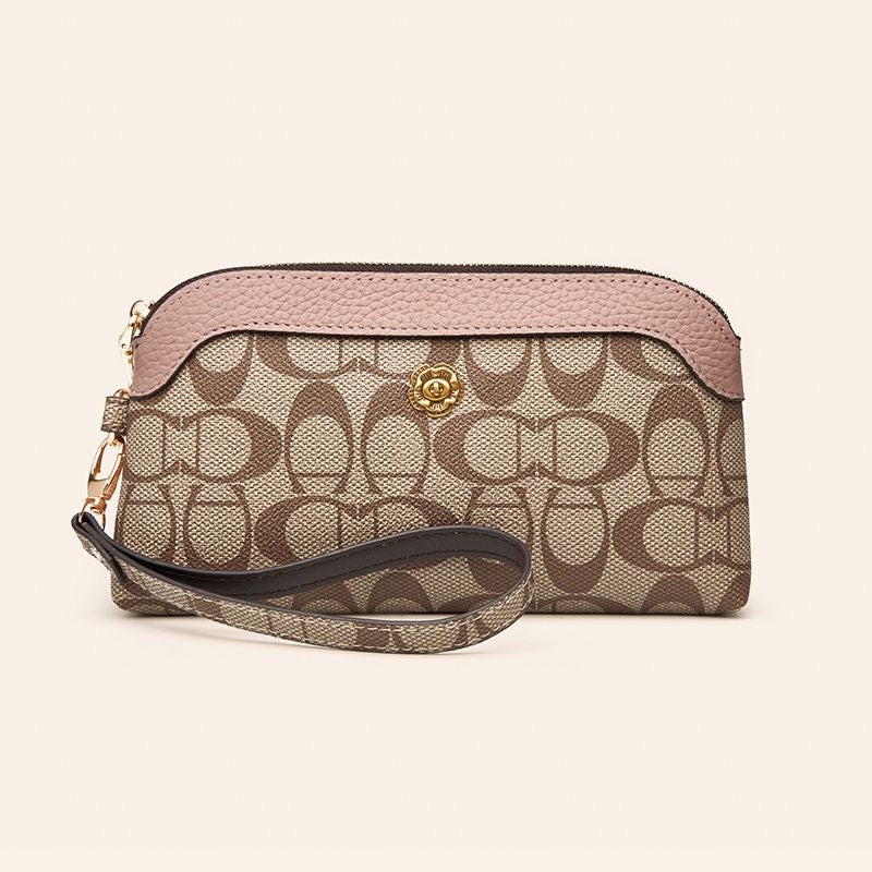 【#A418】Vintage Letter Print Pink Trim Wrist Purse, Camellia Hardware Convertible Crossbody Mini Bag
