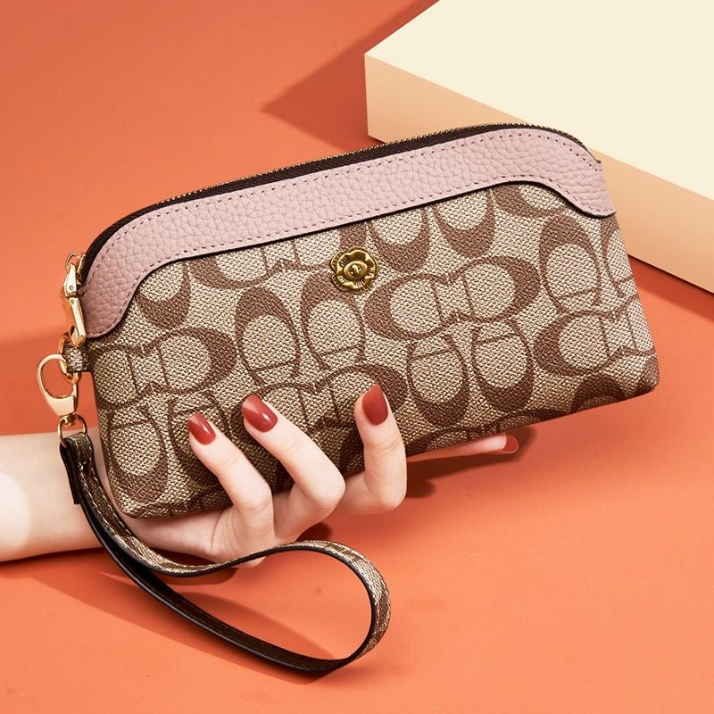 【#A418】Vintage Letter Print Pink Trim Wrist Purse, Camellia Hardware Convertible Crossbody Mini Bag