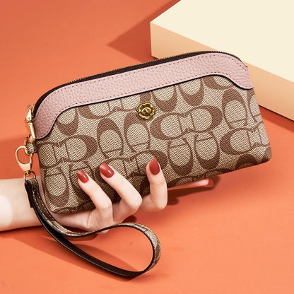 【#A418】Vintage Letter Print Pink Trim Wrist Purse, Camellia Hardware Convertible Crossbody Mini Bag
